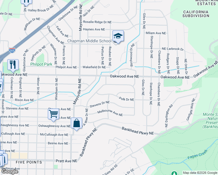 map of restaurants, bars, coffee shops, grocery stores, and more near 2114 Bide a Wee Drive Northeast in Huntsville