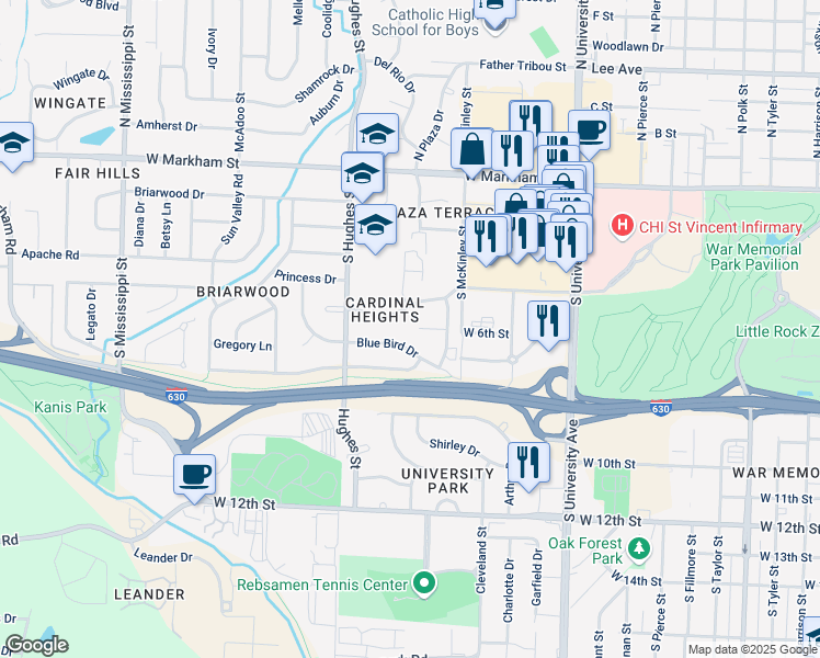 map of restaurants, bars, coffee shops, grocery stores, and more near 11 Bobolink Circle in Little Rock