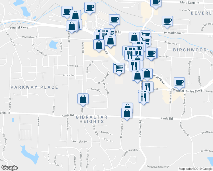 map of restaurants, bars, coffee shops, grocery stores, and more near 1 Wood Hill Court in Little Rock