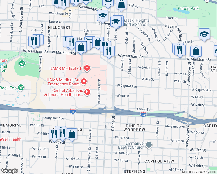 map of restaurants, bars, coffee shops, grocery stores, and more near 505 South Cedar Street in Little Rock
