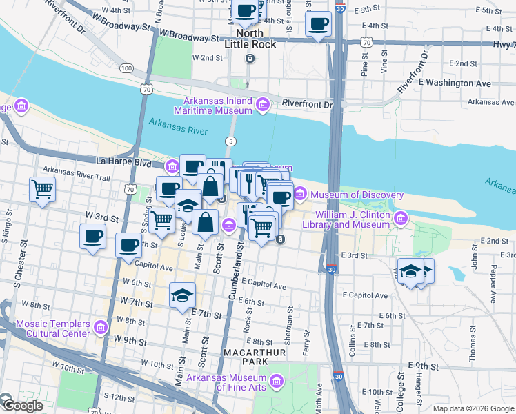 map of restaurants, bars, coffee shops, grocery stores, and more near 225 East Markham Street in Little Rock