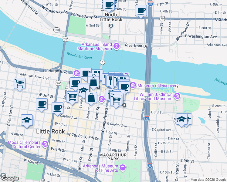 map of restaurants, bars, coffee shops, grocery stores, and more near 225 East Markham Street in Little Rock