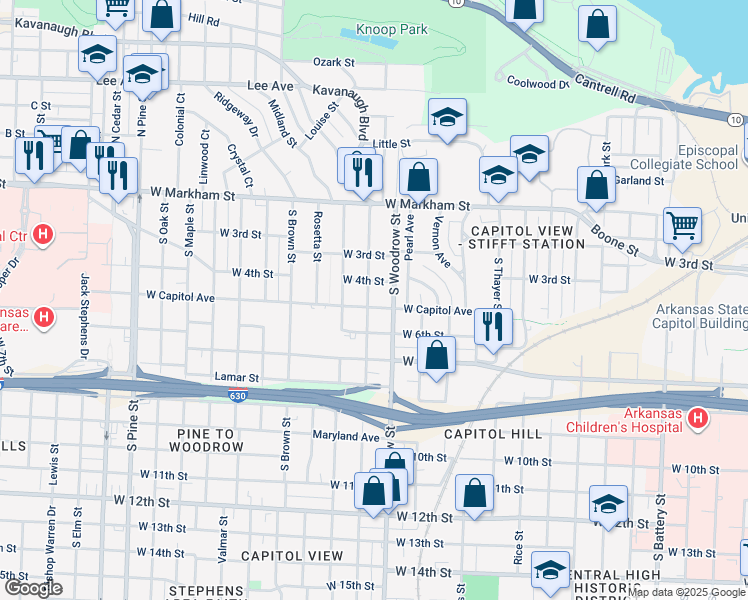 map of restaurants, bars, coffee shops, grocery stores, and more near 3020 West Capitol Avenue in Little Rock