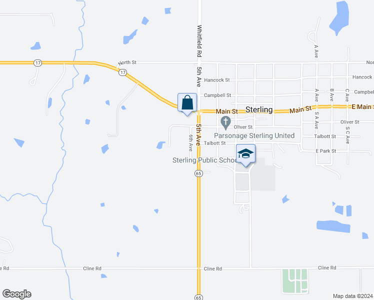 map of restaurants, bars, coffee shops, grocery stores, and more near 114 6th Avenue in Sterling