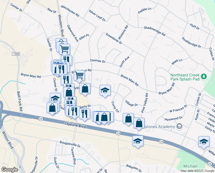 map of restaurants, bars, coffee shops, grocery stores, and more near 110 Palace Circle in Jacksonville