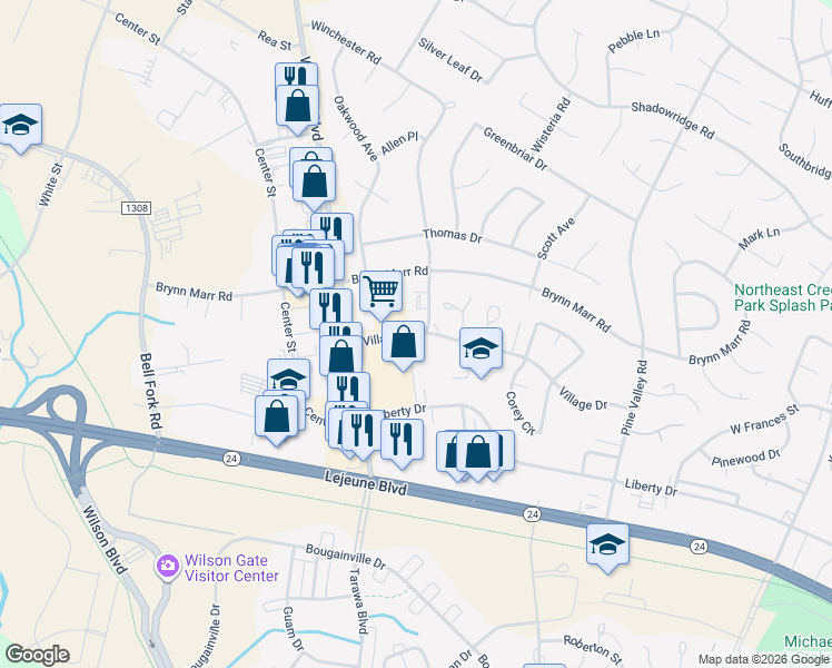 map of restaurants, bars, coffee shops, grocery stores, and more near 99 Village Drive in Jacksonville