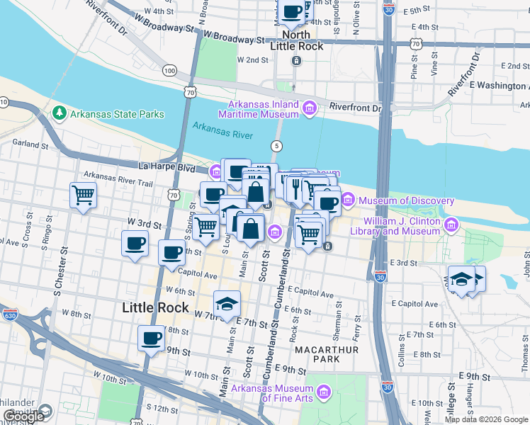 map of restaurants, bars, coffee shops, grocery stores, and more near 115 East Markham Street in Little Rock