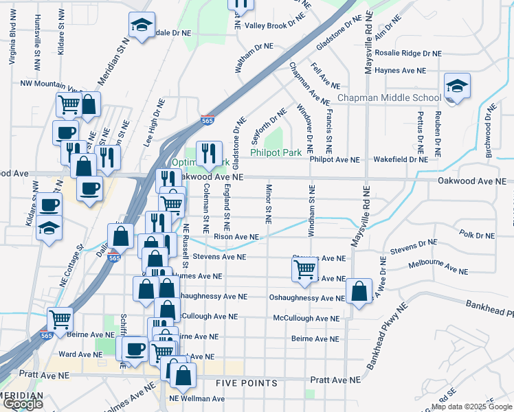 map of restaurants, bars, coffee shops, grocery stores, and more near 1216 Mckinley Avenue Northeast in Huntsville