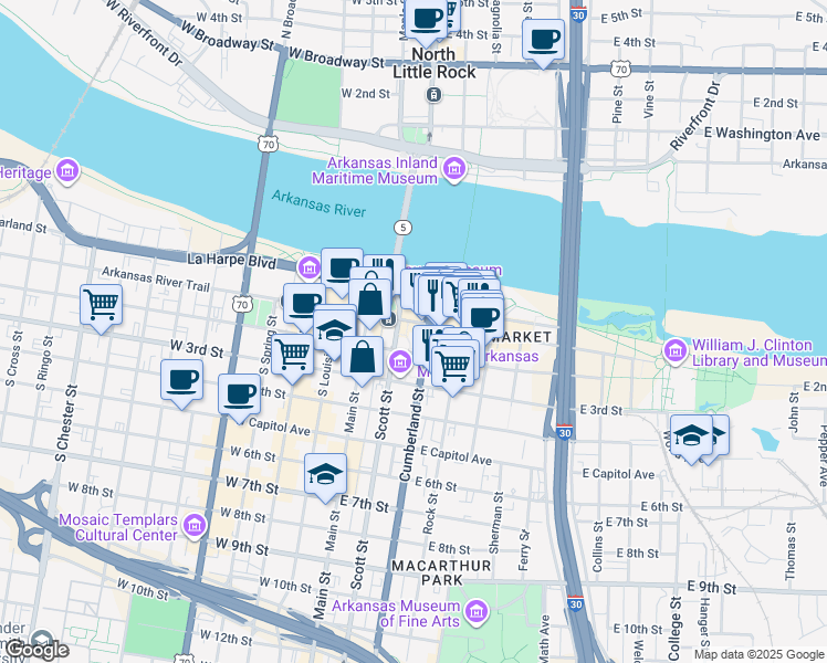 map of restaurants, bars, coffee shops, grocery stores, and more near 225 East Markham Street in Little Rock