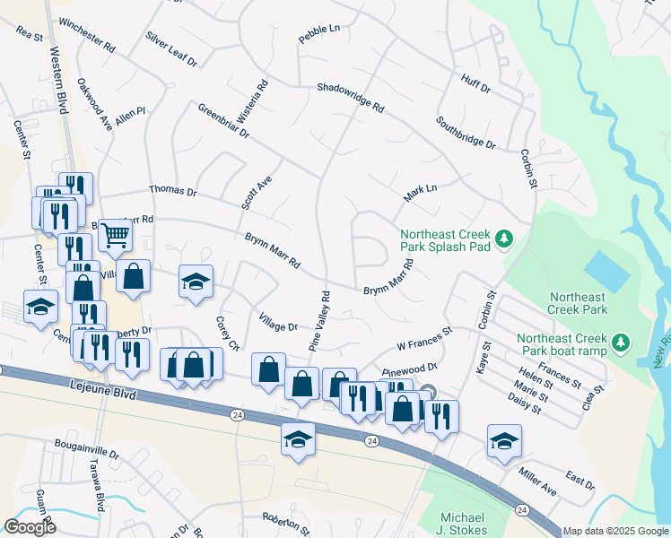 map of restaurants, bars, coffee shops, grocery stores, and more near 401 Pine Valley Road in Jacksonville