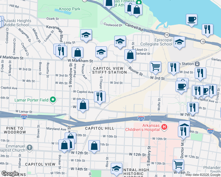 map of restaurants, bars, coffee shops, grocery stores, and more near 313 Rice Street in Little Rock