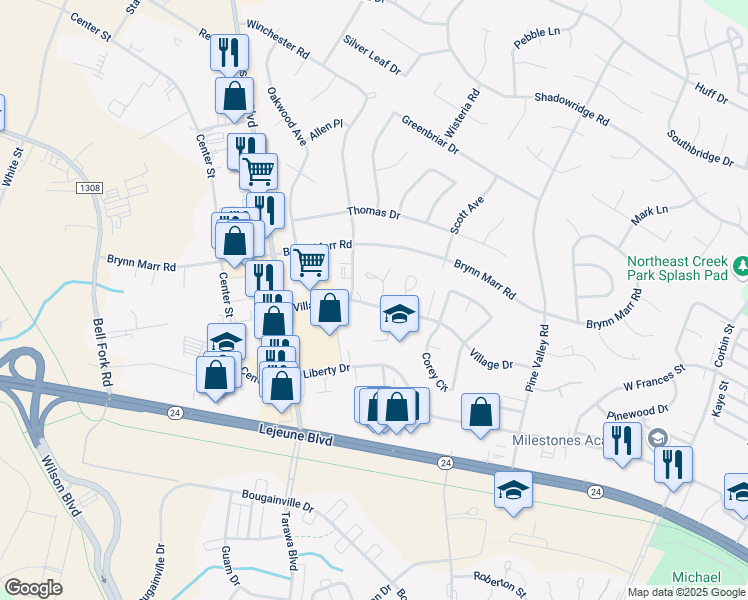 map of restaurants, bars, coffee shops, grocery stores, and more near 101 King George Court in Jacksonville