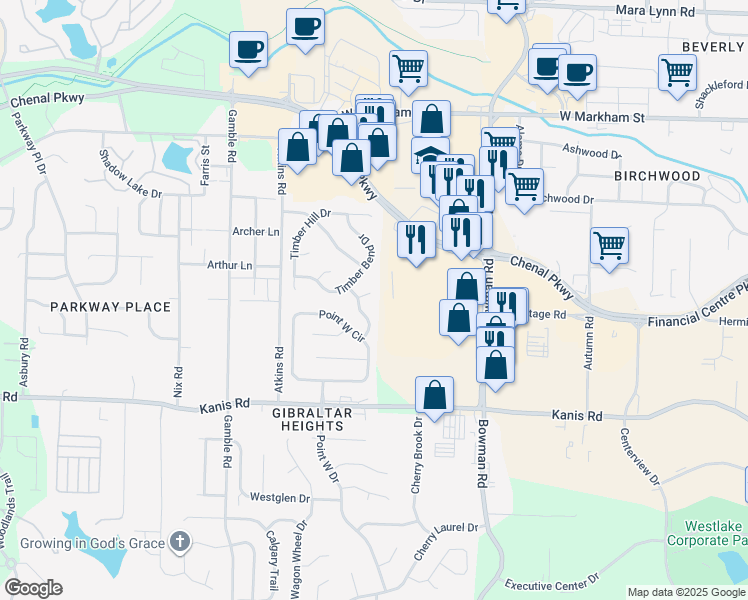 map of restaurants, bars, coffee shops, grocery stores, and more near 3 Wood Hill Court in Little Rock