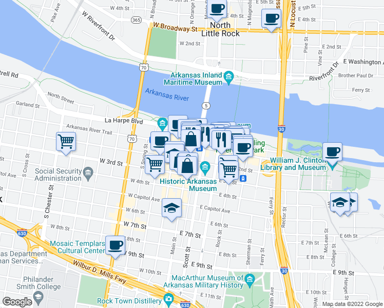 map of restaurants, bars, coffee shops, grocery stores, and more near 111 Main St in Little Rock