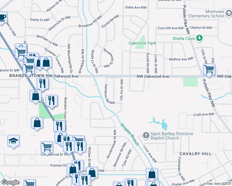map of restaurants, bars, coffee shops, grocery stores, and more near 1616 Sebring Street Northwest in Huntsville