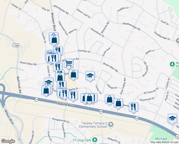 map of restaurants, bars, coffee shops, grocery stores, and more near 109 Palace Circle in Jacksonville
