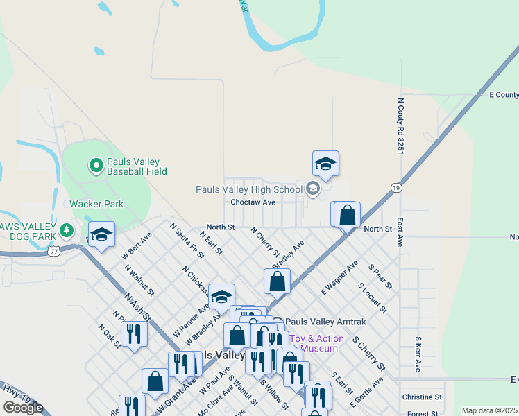map of restaurants, bars, coffee shops, grocery stores, and more near 127 Sycamore Street in Pauls Valley