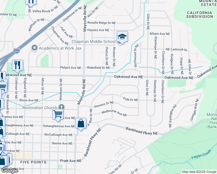 map of restaurants, bars, coffee shops, grocery stores, and more near 2114 Bide a Wee Drive Northeast in Huntsville