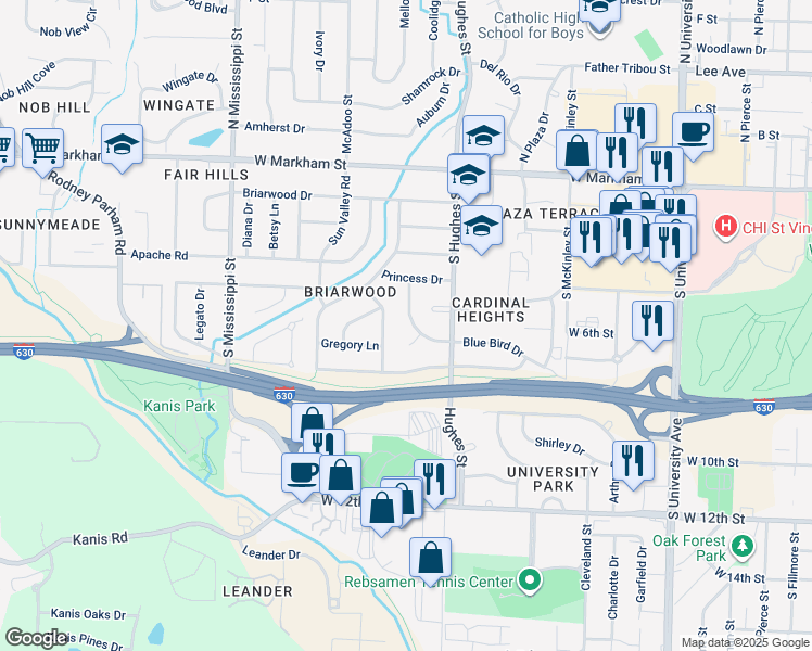 map of restaurants, bars, coffee shops, grocery stores, and more near 6900 Blue Bird Drive in Little Rock