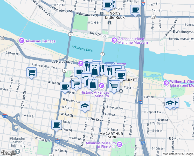 map of restaurants, bars, coffee shops, grocery stores, and more near 115 East Markham Street in Little Rock