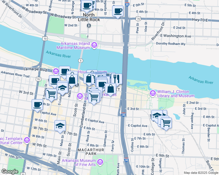 map of restaurants, bars, coffee shops, grocery stores, and more near 500 President Clinton Avenue in Little Rock