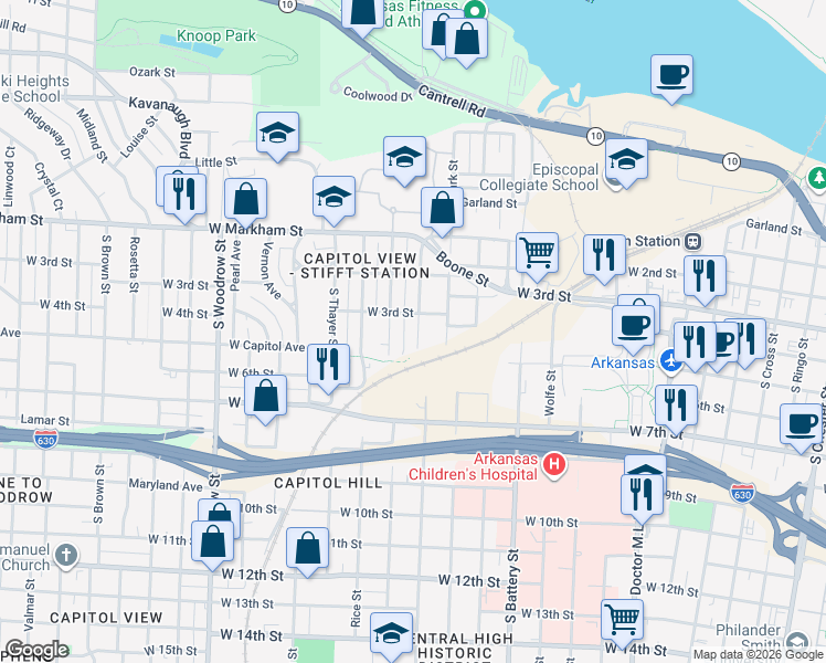 map of restaurants, bars, coffee shops, grocery stores, and more near 312 Barton Street in Little Rock