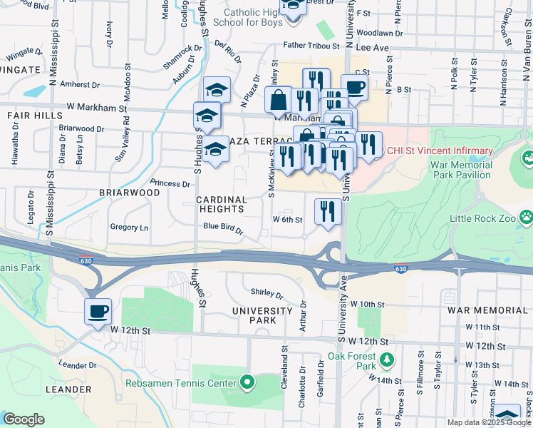 map of restaurants, bars, coffee shops, grocery stores, and more near 517 Chickadee Drive in Little Rock