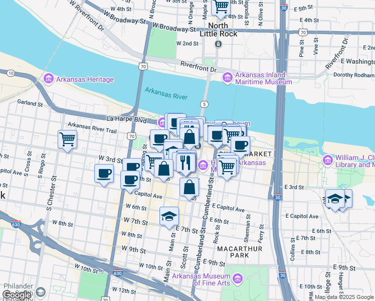 map of restaurants, bars, coffee shops, grocery stores, and more near 121s South Louisiana Street in Little Rock