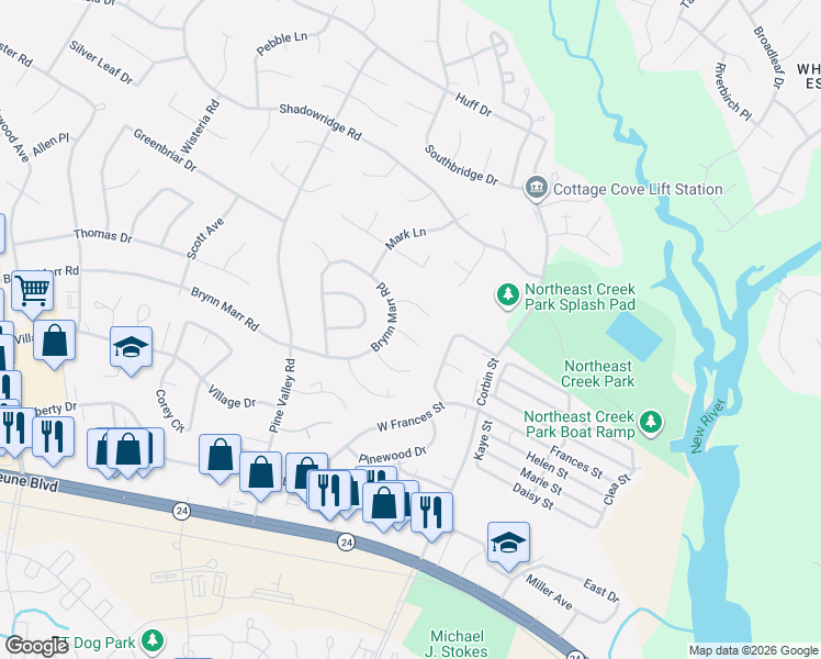 map of restaurants, bars, coffee shops, grocery stores, and more near 103 Woodside Court in Jacksonville