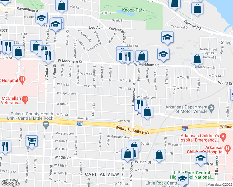 map of restaurants, bars, coffee shops, grocery stores, and more near 424 Johnson Street in Little Rock