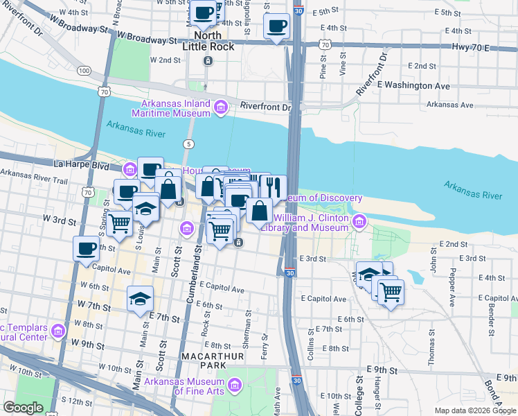 map of restaurants, bars, coffee shops, grocery stores, and more near 500 President Clinton Avenue in Little Rock