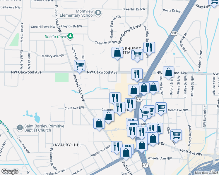 map of restaurants, bars, coffee shops, grocery stores, and more near 1910 Bluebird Avenue Northwest in Huntsville