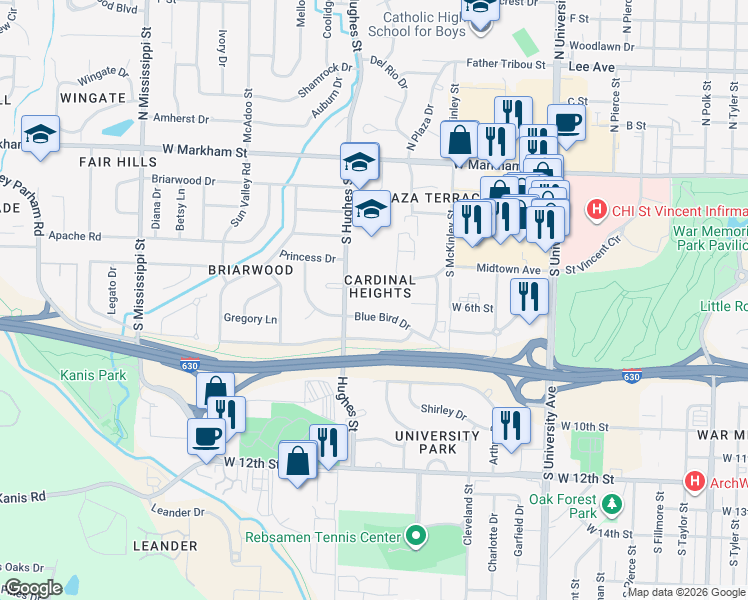 map of restaurants, bars, coffee shops, grocery stores, and more near 6701 Sandpiper Drive in Little Rock