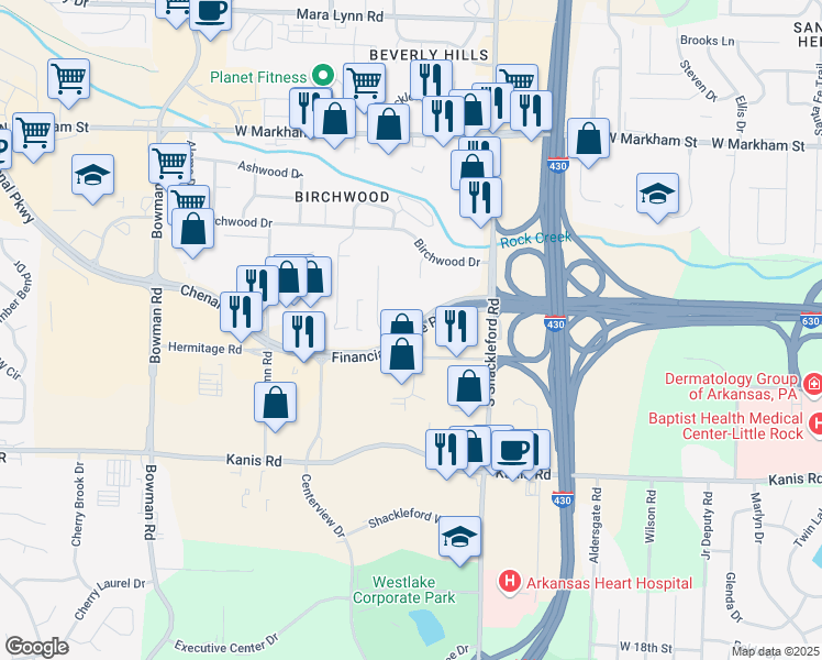 map of restaurants, bars, coffee shops, grocery stores, and more near 10960 Financial Centre Parkway in Little Rock