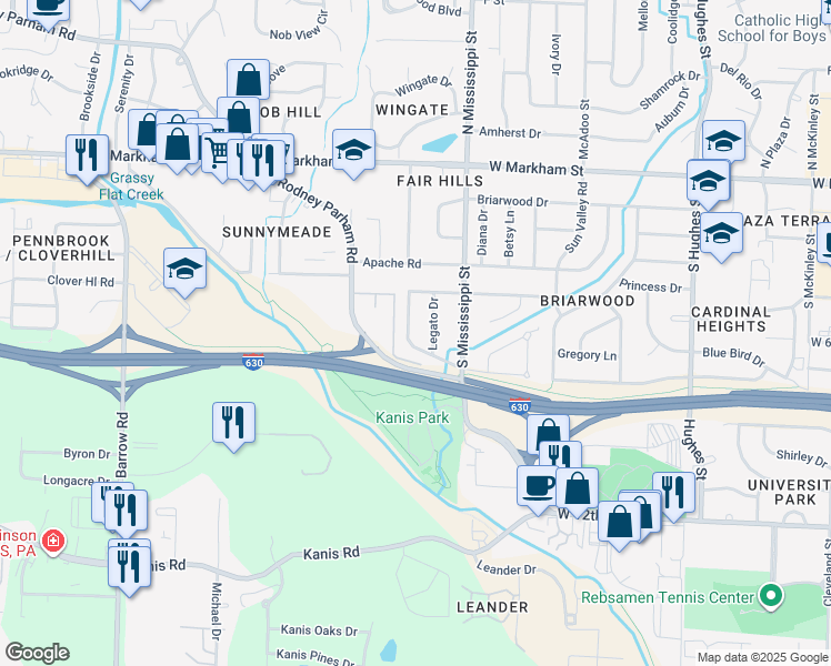 map of restaurants, bars, coffee shops, grocery stores, and more near 715 Ouachita Drive in Little Rock