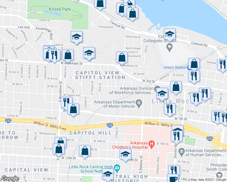 map of restaurants, bars, coffee shops, grocery stores, and more near 312 Barton Street in Little Rock
