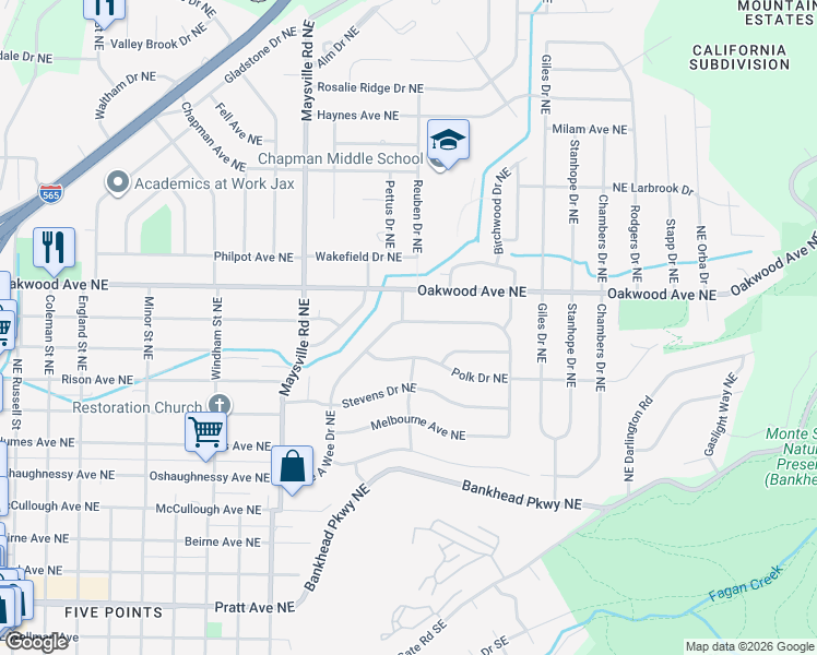 map of restaurants, bars, coffee shops, grocery stores, and more near 2114 Bide a Wee Drive Northeast in Huntsville