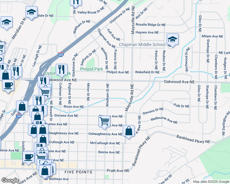 map of restaurants, bars, coffee shops, grocery stores, and more near 1528 Mckinley Avenue Northeast in Huntsville