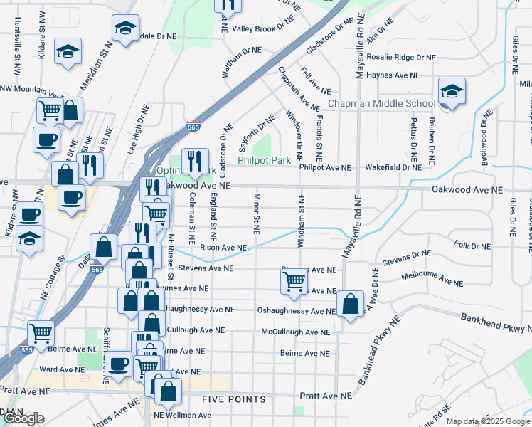 map of restaurants, bars, coffee shops, grocery stores, and more near 1312 Mckinley Avenue Northeast in Huntsville