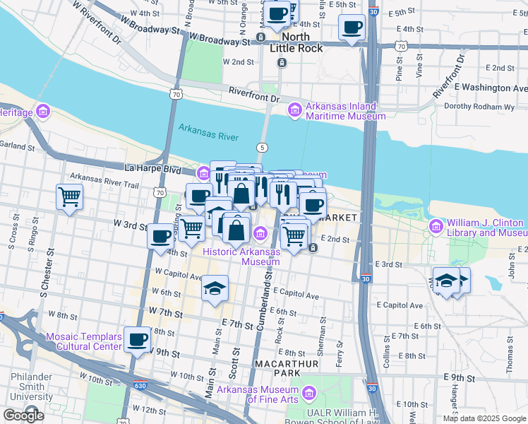 map of restaurants, bars, coffee shops, grocery stores, and more near 112 East Markham Street in Little Rock