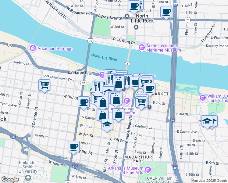 map of restaurants, bars, coffee shops, grocery stores, and more near 121s South Louisiana Street in Little Rock
