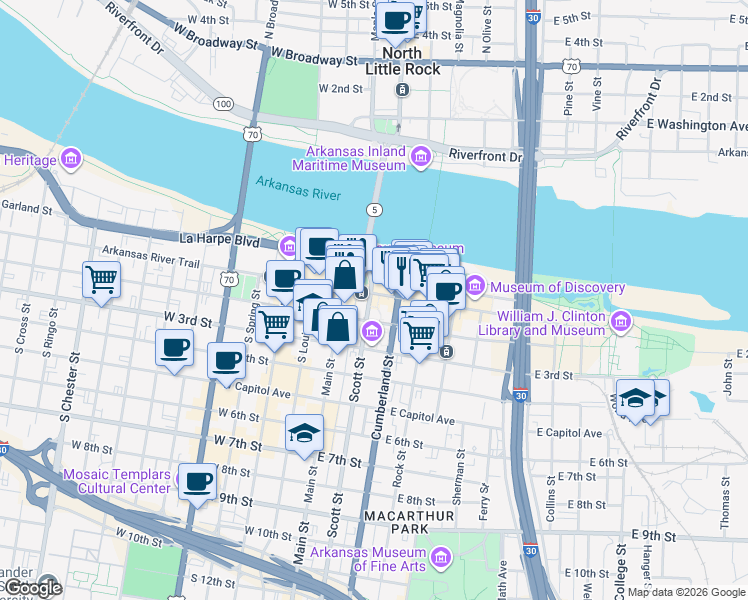 map of restaurants, bars, coffee shops, grocery stores, and more near 112 East Markham Street in Little Rock