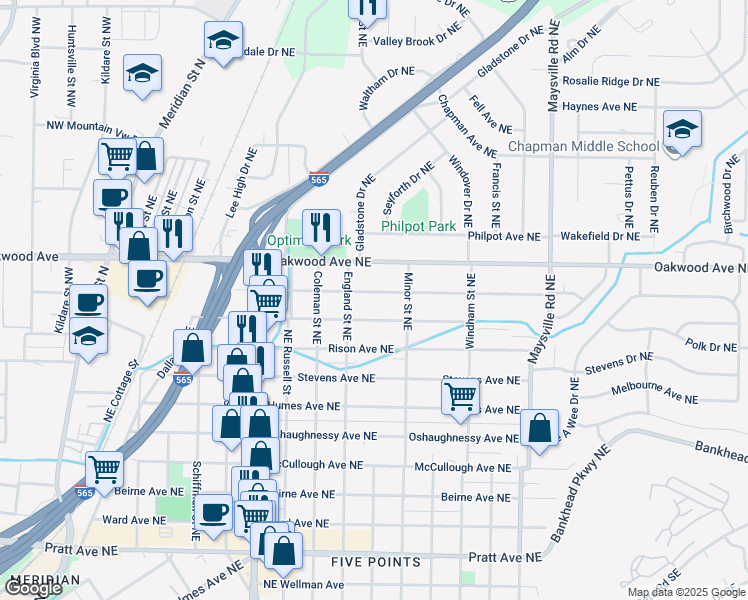 map of restaurants, bars, coffee shops, grocery stores, and more near 1216 Mckinley Avenue Northeast in Huntsville