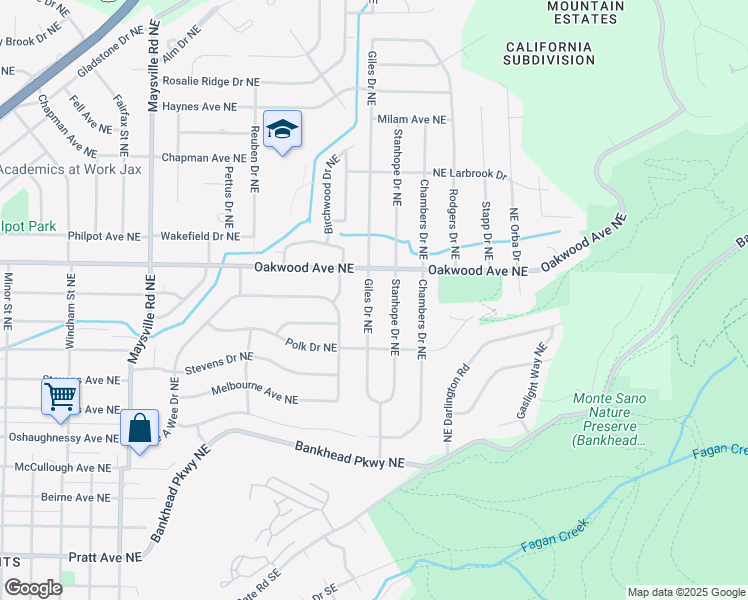 map of restaurants, bars, coffee shops, grocery stores, and more near 814 Giles Drive Northeast in Huntsville
