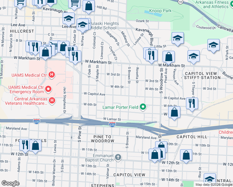 map of restaurants, bars, coffee shops, grocery stores, and more near 3416 West Capitol Avenue in Little Rock