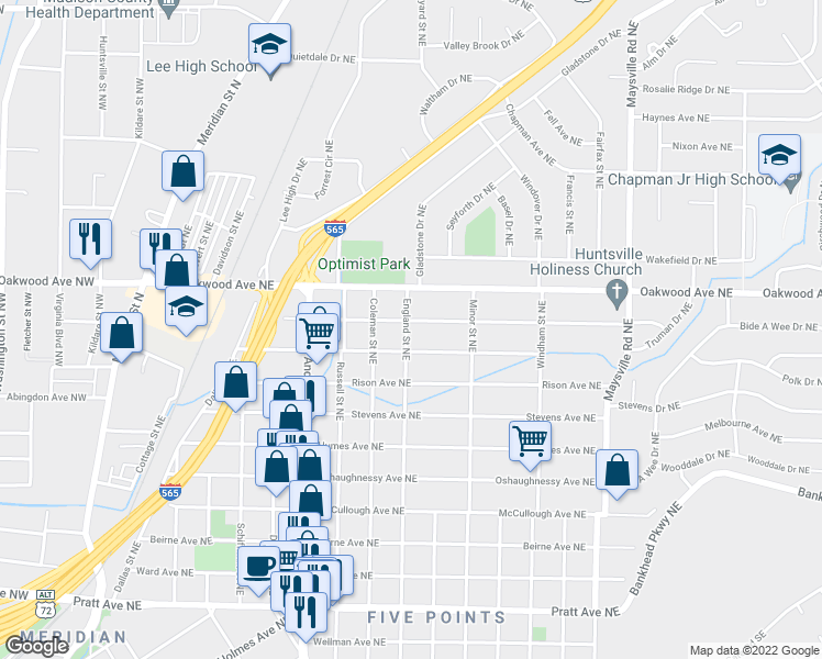 map of restaurants, bars, coffee shops, grocery stores, and more near 1104 Mckinley Avenue Northeast in Huntsville