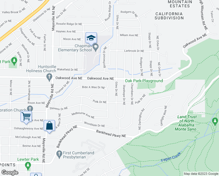 map of restaurants, bars, coffee shops, grocery stores, and more near 1008 Peck Road Northeast in Huntsville