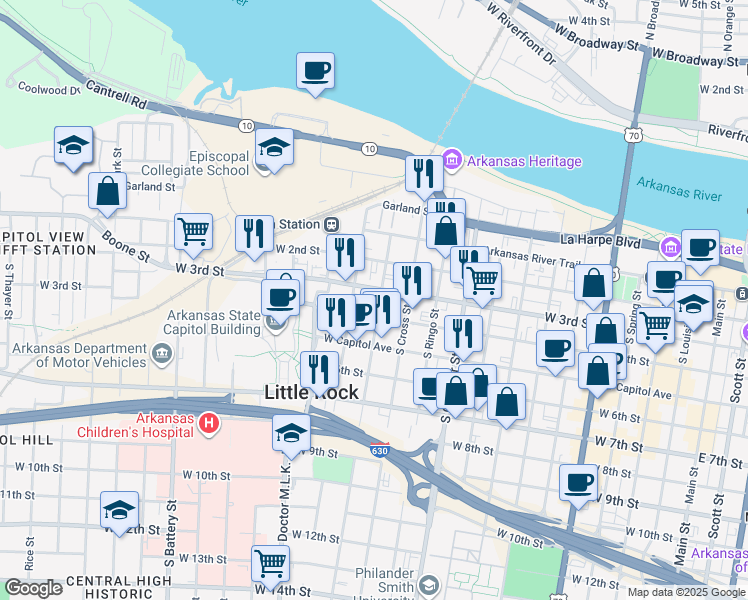 map of restaurants, bars, coffee shops, grocery stores, and more near 312 South Pulaski Street in Little Rock