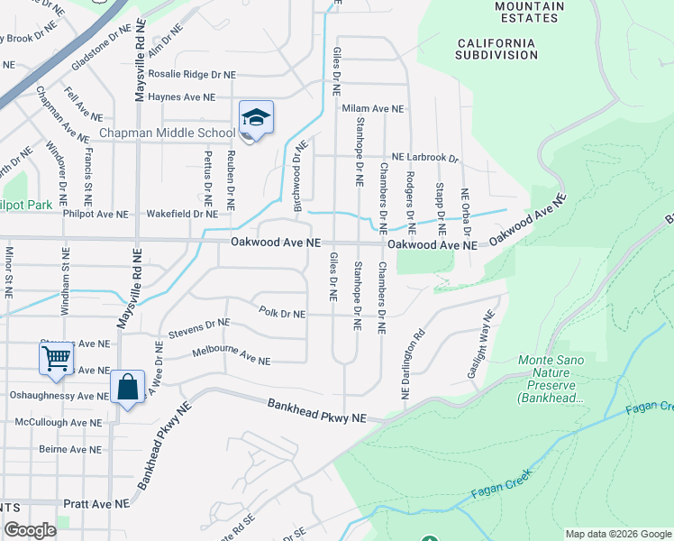 map of restaurants, bars, coffee shops, grocery stores, and more near 814 Giles Drive Northeast in Huntsville