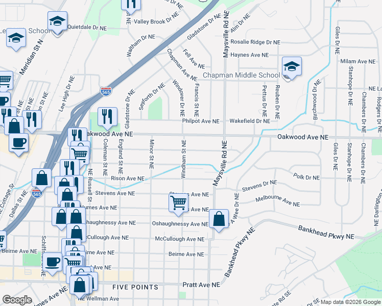 map of restaurants, bars, coffee shops, grocery stores, and more near 1528 Mckinley Avenue Northeast in Huntsville